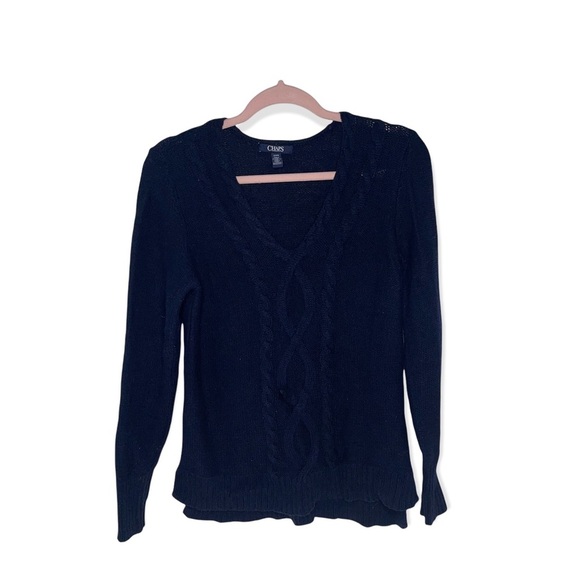 CHAPS Navy Blue V-Neck Cable Knit Sweater M - Picture 2 of 6